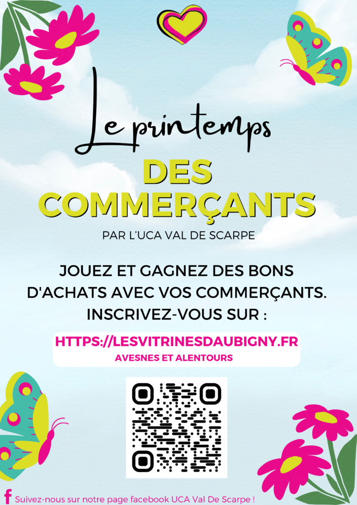 Affiche du printemps pour L'UCA Val de Scarpe, concours de bons d'achats chez les commerçants